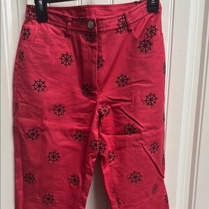 Red Pants with Black Nautical Wheel Pattern